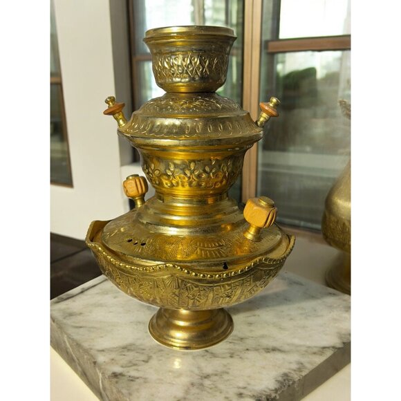 Vintage Brass 3 Piece Samovar Tea Urn With Intricate Detailing & Wooden Handles - Picture 1 of 2